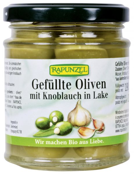 Oliven grün gefüllt mit Knoblauch in Lake