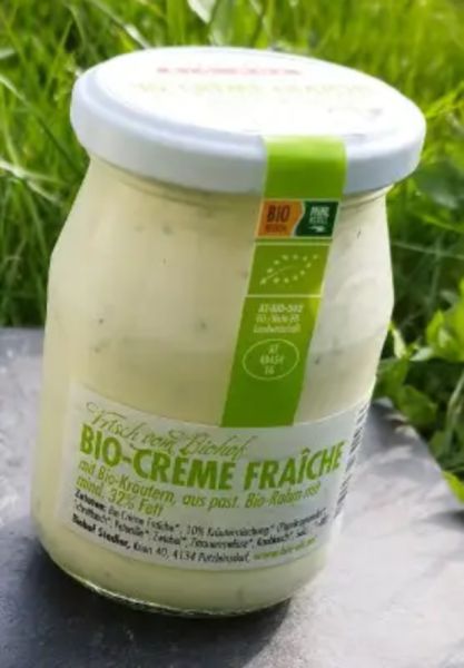 Bio-Crème fraîche 32 % Fett mit Kräutern - im Glas | Biohof Stadler, Mühlviertel