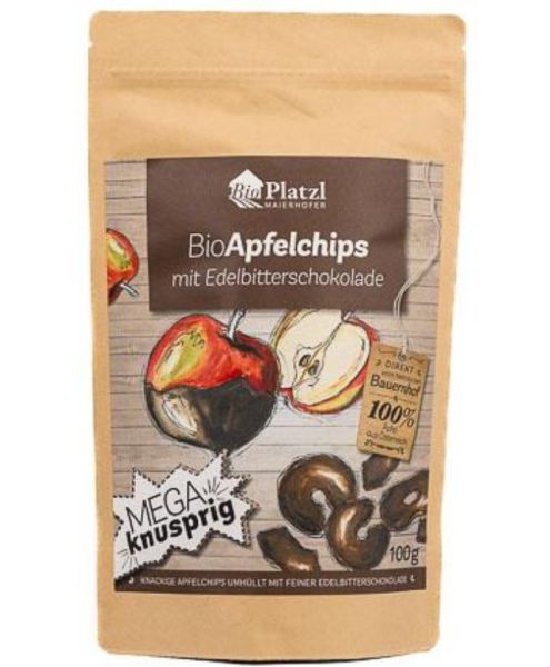 Bio-Apfelchips, umhüllt von Edelbitterschokolade