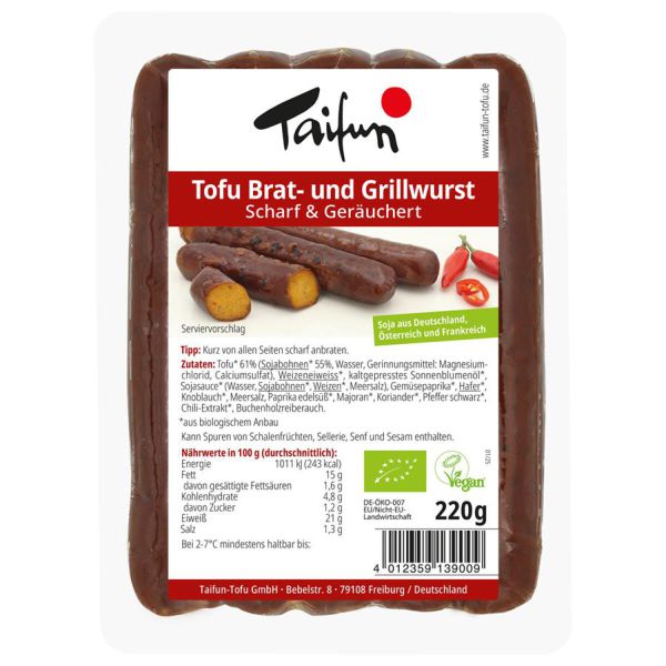 Tofu Brat- und Grillwurst geräuchert scharf
