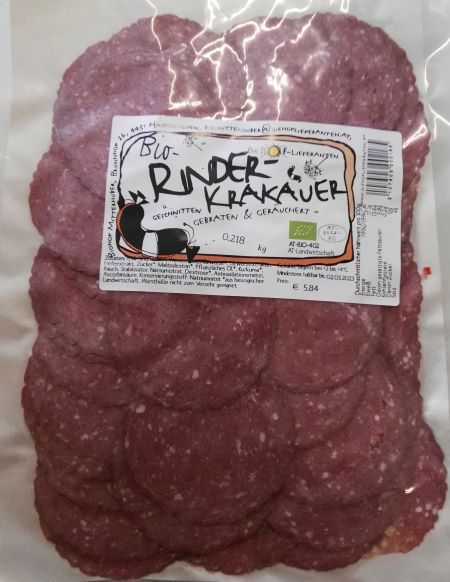 Rinder-Krakauer aufgeschnitten (€ 31,60/kg)