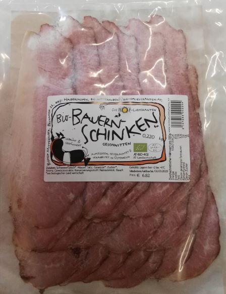 Bauernschinken aufgeschnitten (€ 31,-/kg)