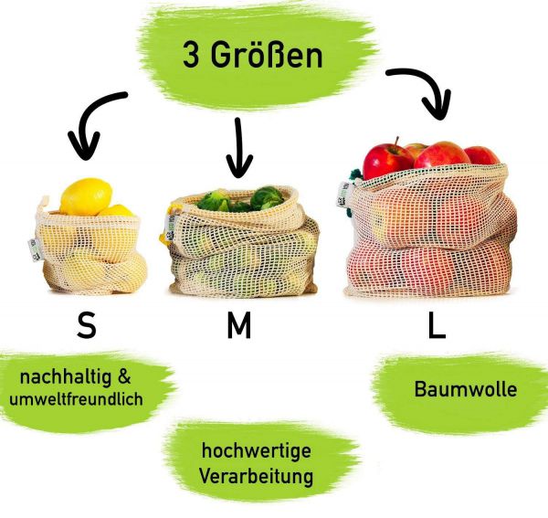 Obst- & Gemüsenetze Bio Baumwolle inkl. Saisonguide 3er Set